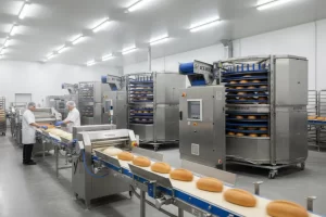 Linha de produção automatizada de pães em fábrica moderna, com operários de jaleco branco e touca trabalhando ao lado de esteiras transportadoras cheias de pães frescos, fornos e máquinas de aço inoxidável ao fundo.