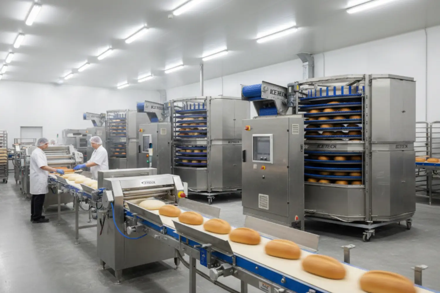 Linha de produção automatizada de pães em fábrica moderna, com operários de jaleco branco e touca trabalhando ao lado de esteiras transportadoras cheias de pães frescos, fornos e máquinas de aço inoxidável ao fundo.